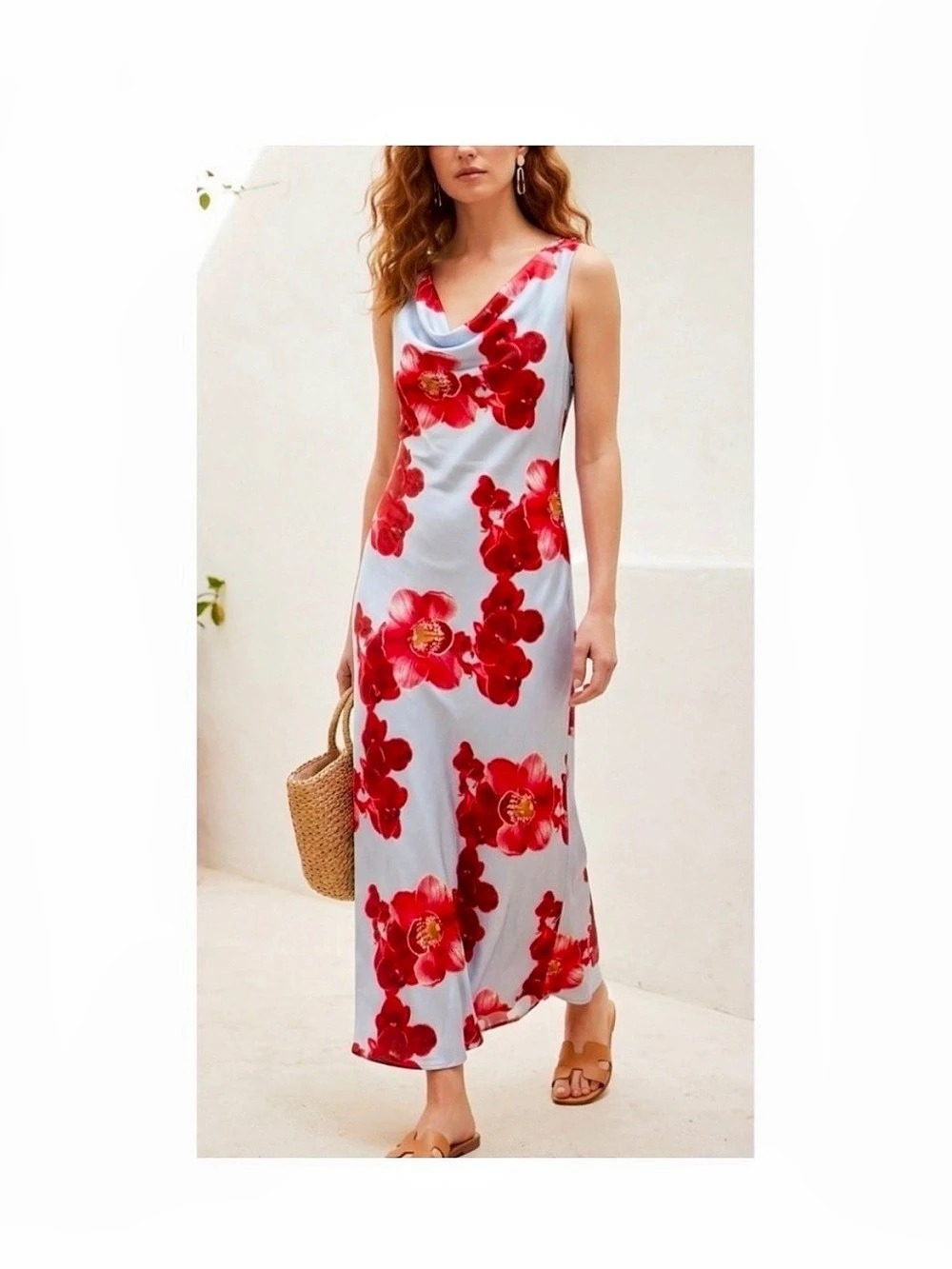 Paper Heart Pink Orchid Floral Cowl Neck Maxi Dress White & Red